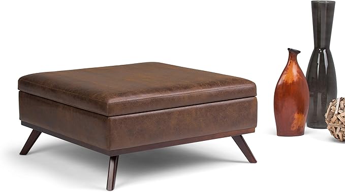 SIMPLIHOME Owen 36 inch Wide Mid Century Modern Square Coffee Table Storage Ottoman in Distressed Chestnut Brown Vegan Faux Leather, Assembled, for the Living Room, Entryway and Family Room