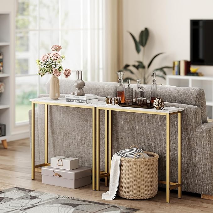 HollyHOME Narrow Hallway Table, 29.5" Small Console Stand, Slim Entryway Table, Sofa Desk, for Hallway, Bedroom, Living Room, Foyer, Marble Texture