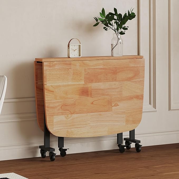 Multifunction Table Drop Leaf Dining Table - 47" Solid Wooden Foldable Kitchen Table with 6 Wheels (Natural)