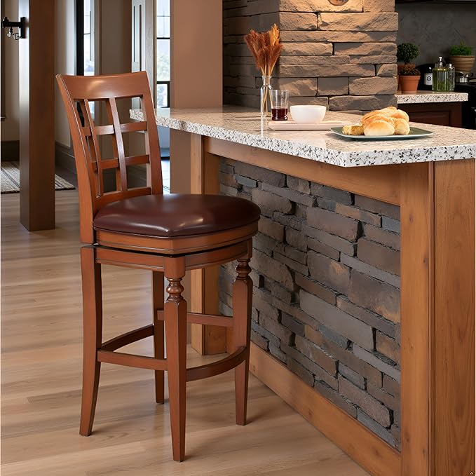Alaterre Furniture Napa Bar Height Swivel Stool with Back – Faux Leather Upholstered Seat Barstool with Memory Return, Turned Wood Legs, Lattice Back Design, and Metal Kick Plate for Kitchen Islands
