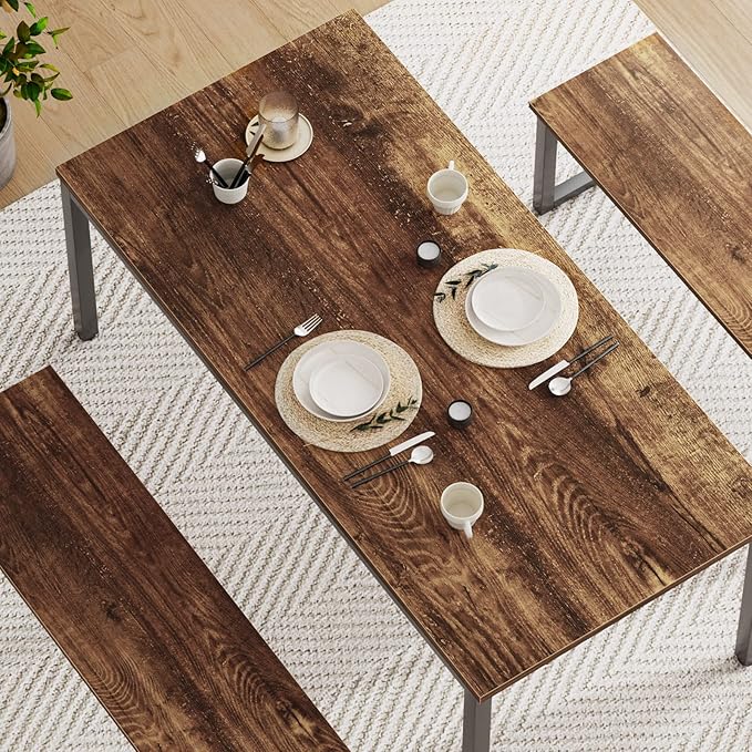 soges Kitchen Table Set with 2 Benches, Bench Dining Table Set for 4, 3 Piece Dining Room Table and Long Benches, Breakfast Table Coffee Table Set, Industrial Style Wooden Kitchen and Dining Room Set