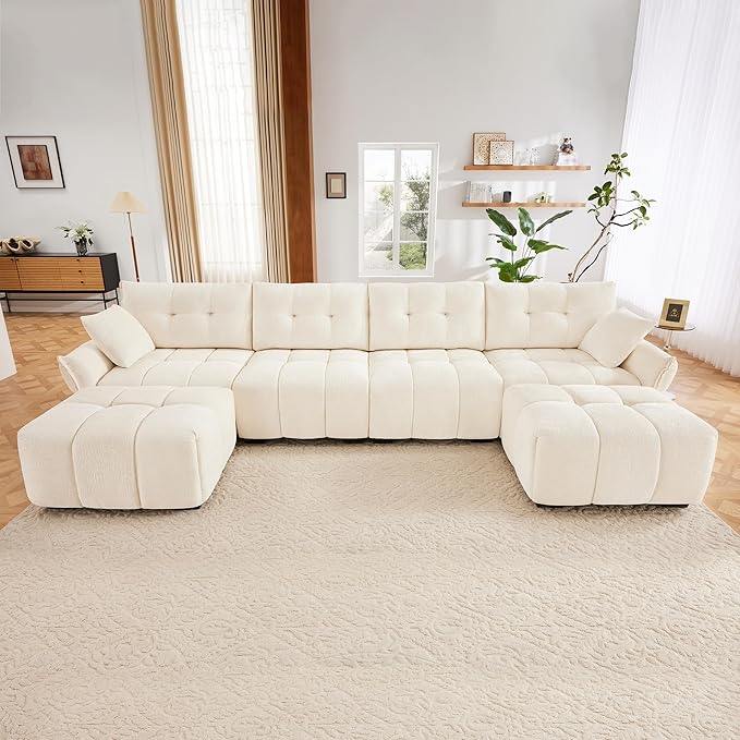 Modern Chenille Fabric 4-Seat Sofa w/Two Ottoman+2 Pillows, Premium Upholstery Living Room Couch with Tufted Backrest & Comfortable Armrests and High-Resilience Memory Foam Cushions,White