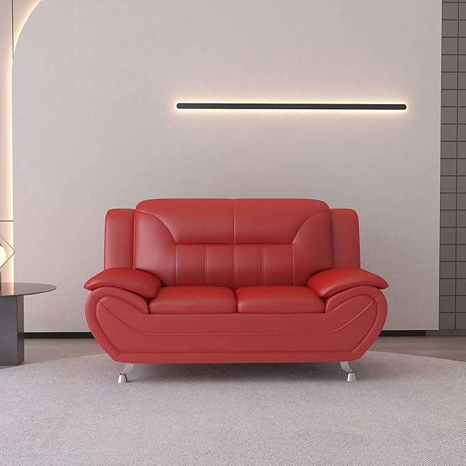 Container Furniture Direct Michael Modern Faux Leather Upholstered Stainless Steel Legs Living Room Loveseat, Persian Red