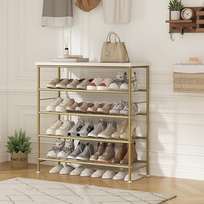 Shoe Rack Organizer 5 Tier for Closet Entryway Free Standing Metal Storage Shoe Shelf with MDF Top Board，Gold