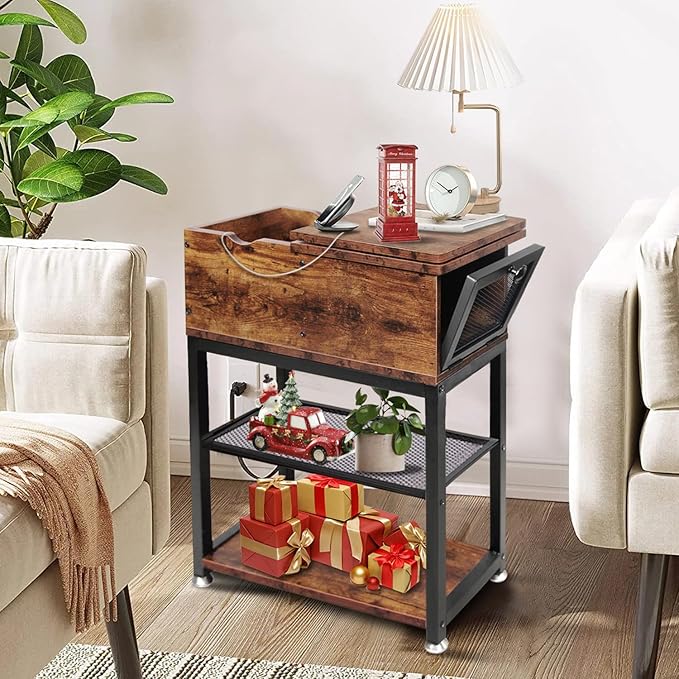 Flip Top End Table for Living Room, 28 inch Side Table, 12" D x 24" W x 28" H, Narrow Side Table with Drawer, 8.4" Deep Drawer, End Table with Charging Station, Steel X-Shaped Frame, Rustic Brown