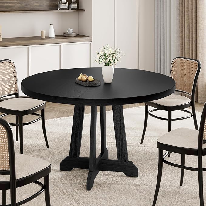GarveeHome Round Dining Table for 4,Kitchen Dining Room Circle Dinner Pedestal Table,Space Saving Wood Kitchen & Dining Room Furniture,Black 47-inch Diameter