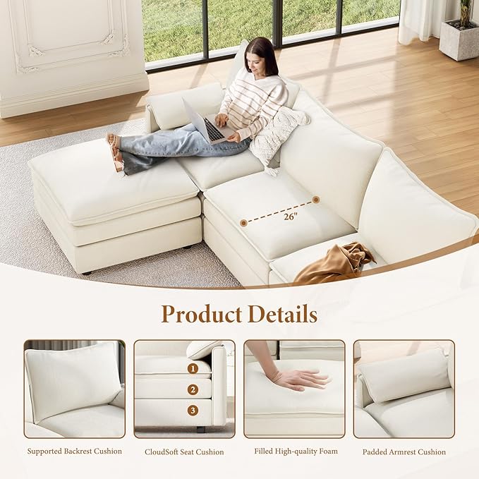 Vesgantti Large Modular Sectional Sofa, Big Comfy Cloud Couch with Ottoman Deep Seat Chenille Cloud Sofa, 9 Seater Large Sectional Couches for Living Room, Bedroom and Apartment, Snow White