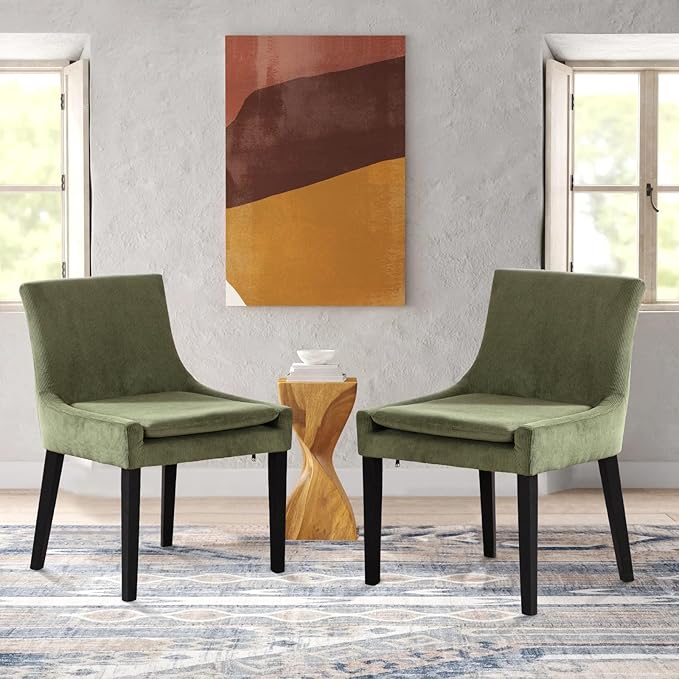 COLAMY Modern Dining Chairs Set of 2, Upholstered Corduroy Accent Side Chairs with Mid Back and Wood Legs for Living Room/Dining Room- Light Green