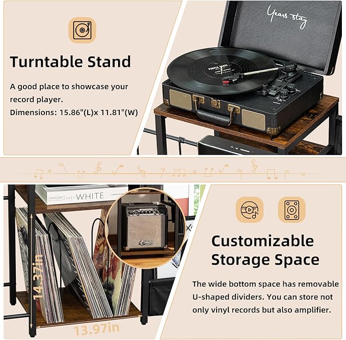 LELELINKY Record Player Stand, Black Adjustable Guitar Stand for Acoustic Guitar, Electric Guitar, Bass, Turntable Stand with Vinyl Display Shelf Storage Up to 150 Albums, End Table for Music Room