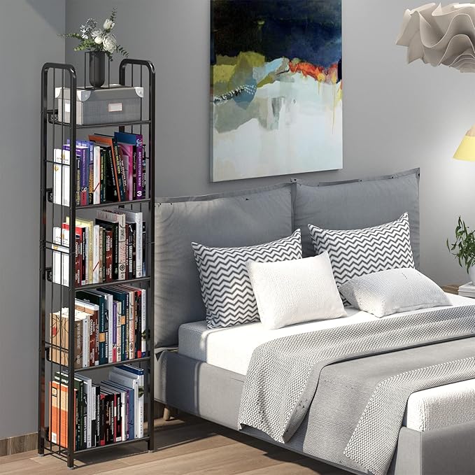 Bookshelf Storage Shelf Bookcase Freestanding Storage Stand for Living Room, Bedroom, Kitchen Rust Resistance Easy Assembly Free Combination Multi-Functional Organizer (5 Tiers, Black)