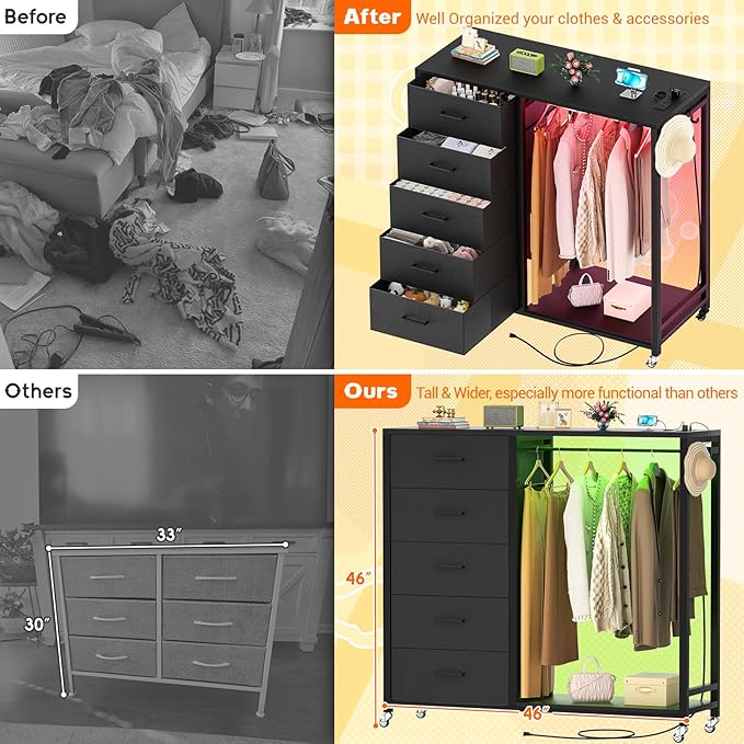 Cyclysio Dresser for Bedroom with Clothes Rack, 5 Fabric Drawers Dresser with Charging Station & LED Lights, Black Storage Chest of Drawers with Wheels, Wooden Top, Lockable Wheels, Closet, Black