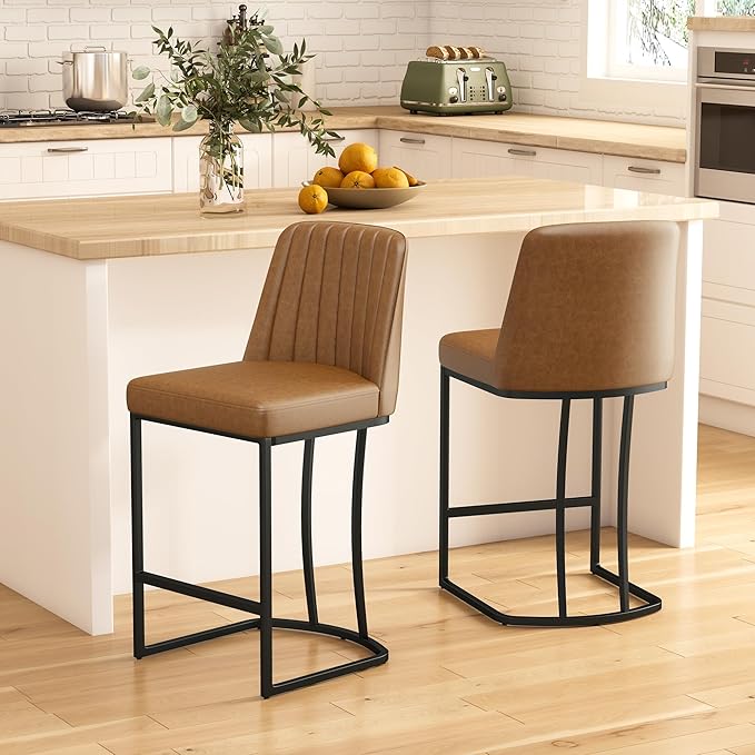 Bar Stools Set of 6, Faux Leather Counter Height Barstools, Upholstered Kitchen Counter Stools with Back and Stitching, 25.6" H Kitchen Island Stools Bar Chair, Metal Framed, Whisky Brown