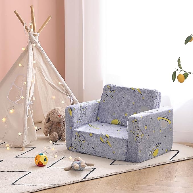 Tiita Kids Sofa, 2-in-1 Toddler Chair, Convertible Children Couch to Lounger, Flip Out Kid Sofas Chair, Toddler Armrest Chairs Bed, Folding Kids Play Sofa for Girl or Boy (Blue Astronauts)
