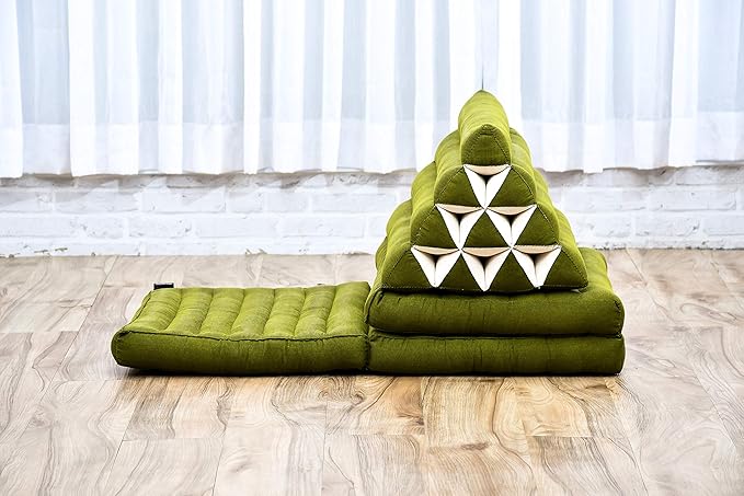 Leewadee - Comfortable Japanese Floor Mattress - Thai Floor Bed with Triangle Cushion - Futon Mattress - Thai Massage Mat, 67 x 21 inches, Green, Kapok Filling