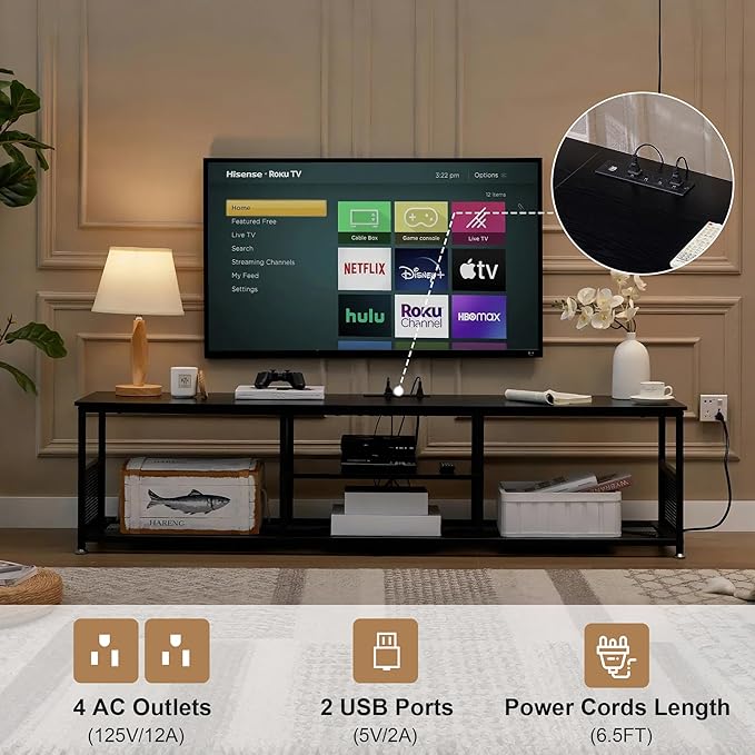 VECELO TV Stand with Power Outlets for Televisions up to 65Inch, 55" Media Entertainment Center with Charging Station 3-Tier Open Storage Shelves with Metal Frame for Living Room/Bedroom，Black