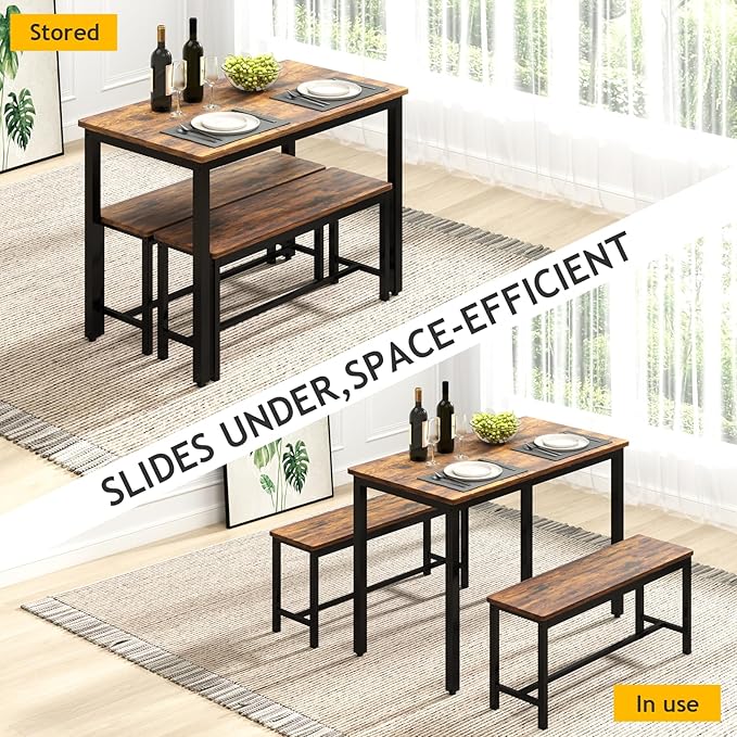 Rovibek Dining Table Set for 4 with 2 Benches – Space-Saving Kitchen Table Set for Kitchen & Dining Room, Brown