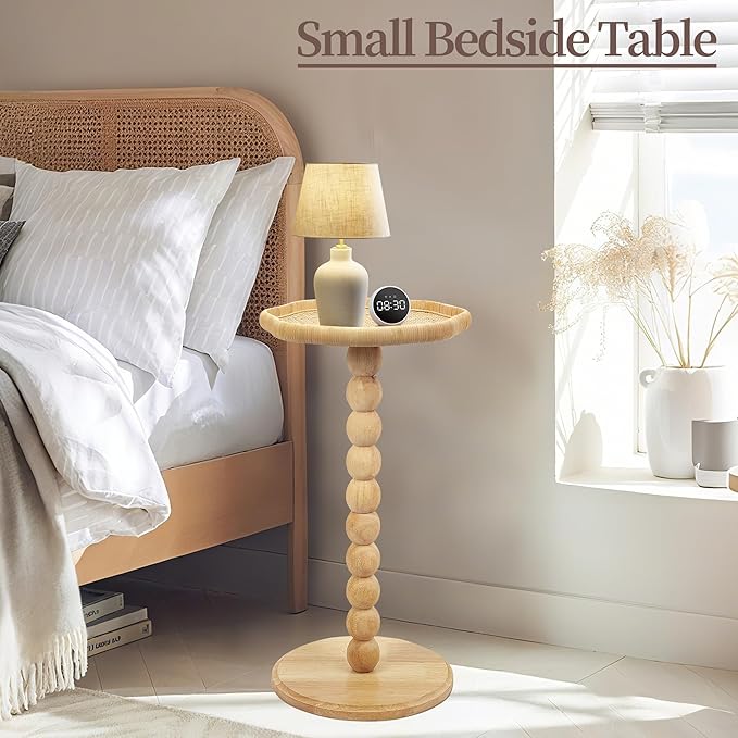 Drink Table, Boho Rattan Flower Small Side Table for Small Spaces, Solid Wood Modern Nightstand for Living Room, Bedroom, Farmhouse, Corners