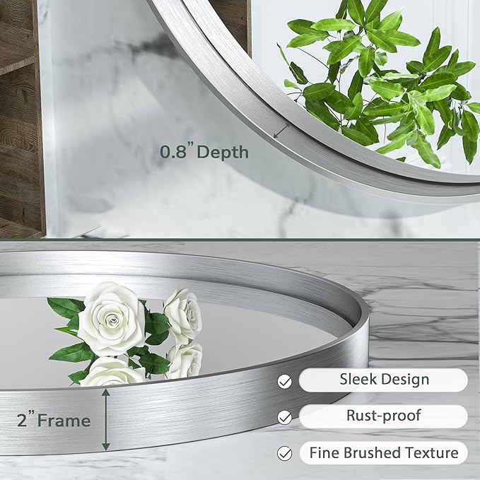 TokeShimi Round Mirror 36 Inch Brushed Silver Round Bathroom Mirror for Wall Non-Rusting Aluminum Alloy Brushed Silver Matte Metal Frame Modern Circle Mirror Fit in Minimalist Multi Style for Decor