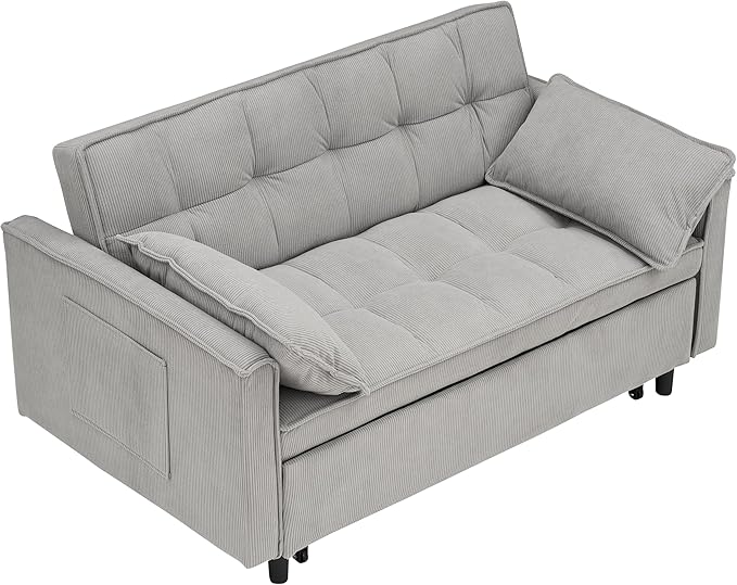 Ball & Cast Convertible Sofa Bed,Pull Out Loveseat Sleeper Sofa,Convertible Pull Out Couch W/2 Pillows,Adjustable Backrest & Side Pocket,Corduroy Futon Couches for Living Room,Apartment,Light Gray,54"