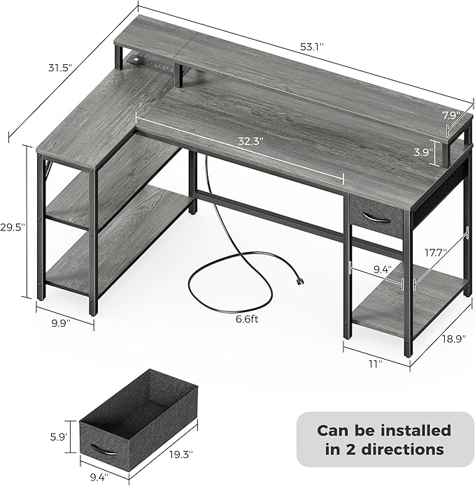 SUPERJARE 53 inch Reversible L Shaped Desk with LED Lights & Power Outlets, Computer Desk with Shelves & Monitor Stand, Gaming Desk with Drawer, Home Office Desk Corner Desk, Grey