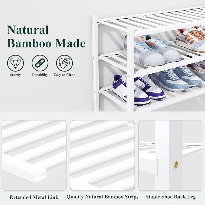 Smiry Shoe Rack, 4 Tier Thick Bamboo Shoe Organizer, Stackable Free Standing Wooden Shoe Storage Shelf for Closet, Entryway, Front Door Entrance, White