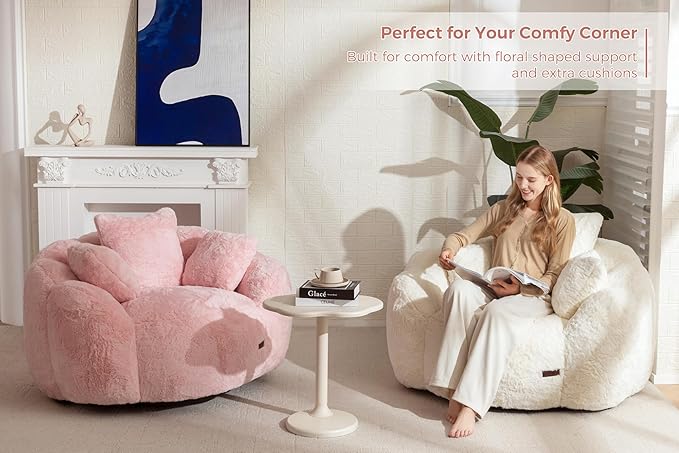 MAXYOYO Bean Bag Chair with 3 Pillows, Oversized Floral Shaped Bean Bag Sofa for Adults, Ultra Soft Faux Fur Floor Sofa, Large Stuffed Reading Chair for Living Room Bedroom, Beige