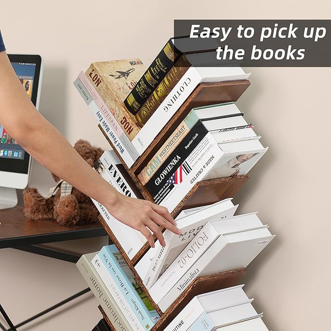 8 Tier Tree Bookshelf with Drawer, Free Standing Wood Bookcase for Narrow Space, Storage Organizer Bookshelves for Books, Book Case for Home Office, Living Room, Bedroom, Rustic Brown