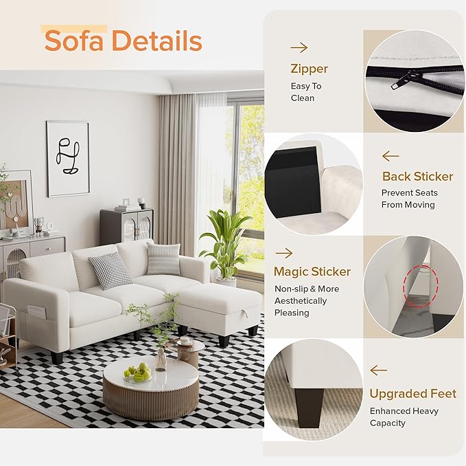 ZeeFu Convertible Sectional Sofa Couch, 3 Seat L-Shaped Sofa with Movable Ottoman, Modern Mocha Brown Velvet Linen Upholstered Small Sectional Sofa Couch for Small Space Apartment Living Room Office