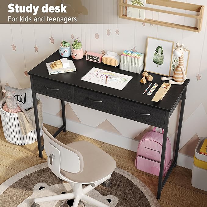 WOHOMO Computer Desk with Drawers, 39.3 Inch Bedroom Desk with Storage, Home Office Desk for Room Spaces, Modern Work Writing Study Tables, Black