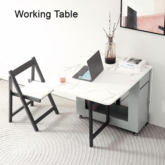 Foldable Space Saving Dining Table Extendable, Folding Dining Table with Storage and Wheels 2-Layers, Versatile Drop Leaf Table Modern for Living Room, Kitchen, RV Campers (Grey)