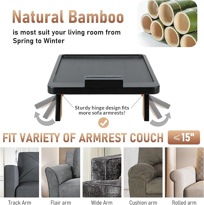 SINWANT Couch Armrest Table, Large Bamboo Couch Arm Table 360° Phone Holder,Foldable Sofa Arm Tray for Eating Drinking Snacks Remote on Chair Armrest
