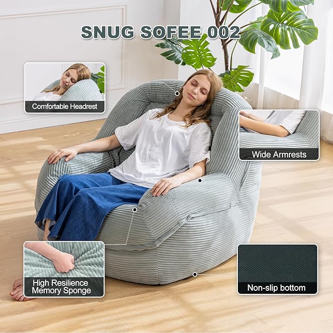 Giant Bean Bag Chair with Armrests - Oversized Cozy Seating for Adults, Corduroy Fabric & High - Density Foam Filling, Ideal Lounge for Living Room, Bedroom & Gaming Room (Mint Green)