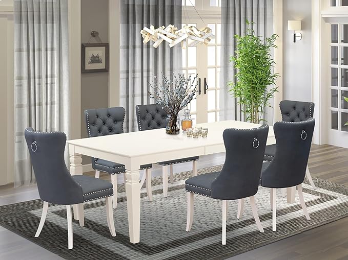 East West Furniture LGDA7-LWH-13 7 Piece Kitchen Set Consists of a Rectangle Dining Table with Butterfly Leaf and 6 Polyester Fabric Padded Chairs, linen white