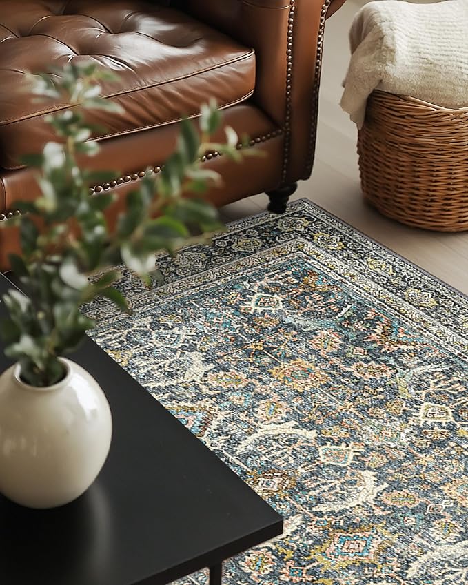 5X7 Area Rugs Machine Washable Rugs for Living Room, Vintage Boho Large Rugs for Bedroom Dining Room, Non Slip Indoor Soft Distressed Lightweight Thin Low Pile Carpet, Terracotta