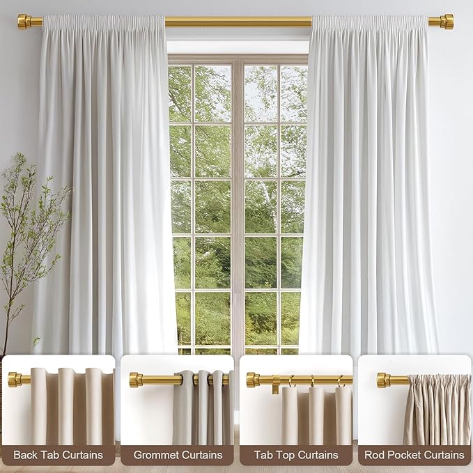 Modern Gold Curtain Rods for Windows 16 to 60 Inches Adjustable Length Heavy Duty 1" Diameter Brass Window Curtain Rod with Solid Metal Finials for Outdoor Farmhouse Bedroom Kitchen Living Room