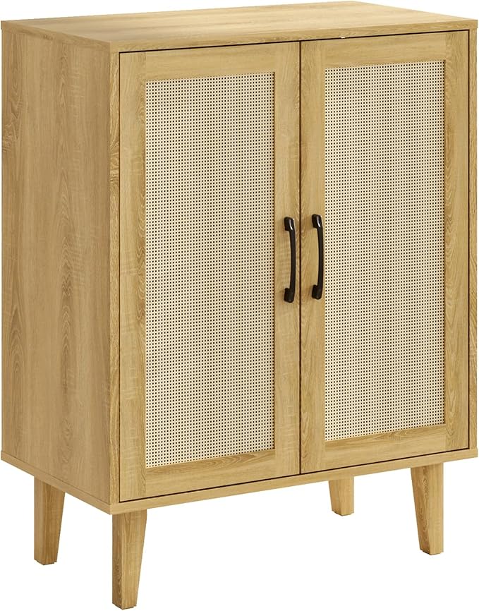 Rattan Decorated Buffet Cabinet - 2 Doors Simple Style Storage Cabinet, Shoe Cabinet with Adjustable Shelves, Sideboard for Kitchen, Living Room, Hallway, Entryway (Natural Wood)
