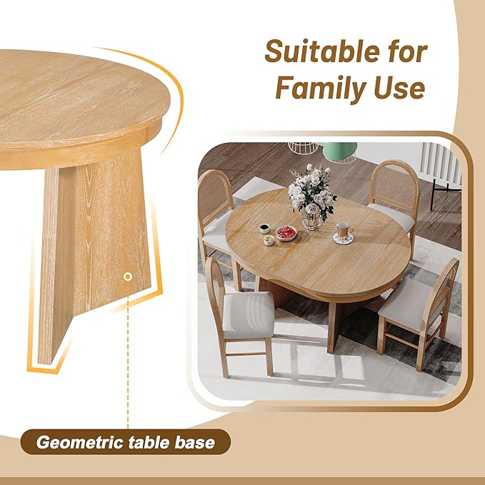 Ball & Cast Retro Dining Table Set for 4 with 4 Upholstered Chairs,5-Piece Wooden Living Room Furniture W/ 58" Round Extendable Kitchen Desk,for Small Space,Apartment,Dining Room,Natural Wood Wash