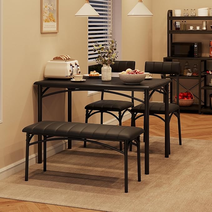 Garvee Dining Table Set for 4, Kitchen Table with Upholstered Bench and 2 Chairs, 4-Piece Wooden Dining Table Set for Apartment, Dining Room, Small Space, Black