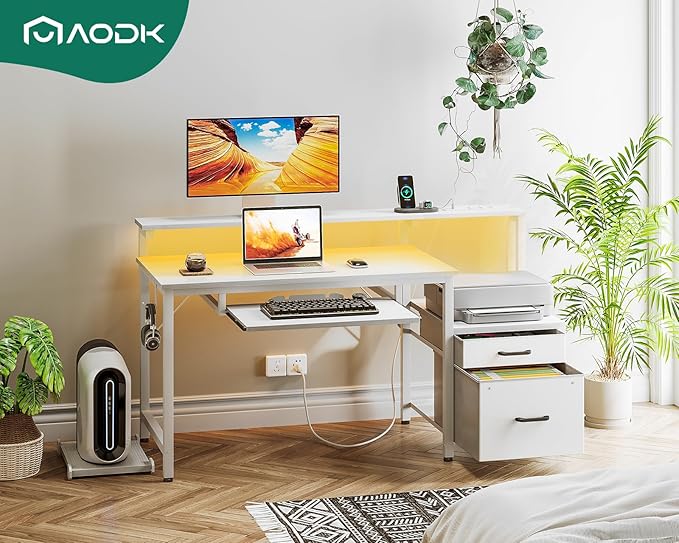 AODK Computer Desk with Drawers and Keyboard Tray, 48" Office Desk with Power Outlet and LED Lights, Reversible Study Work Desk with Printer Shelf and PC Stand for Home Office, White