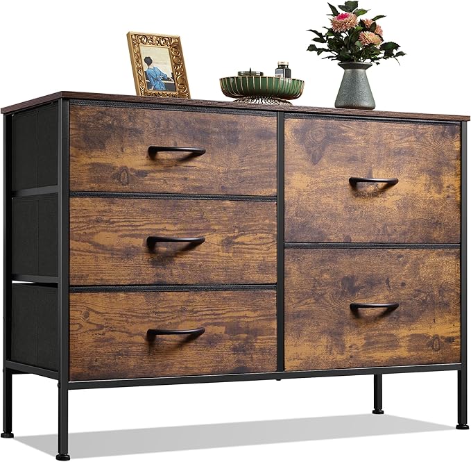 WLIVE Dresser for Bedroom with 5 Drawers, Wide Chest of Drawers for Bedroom, Fabric Dresser for Living Room, Closet, Hallway, Rustic Brown Wood Grain Print