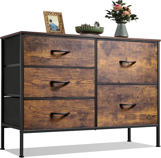 WLIVE Dresser for Bedroom with 5 Drawers, Wide Chest of Drawers for Bedroom, Fabric Dresser for Living Room, Closet, Hallway, Rustic Brown Wood Grain Print