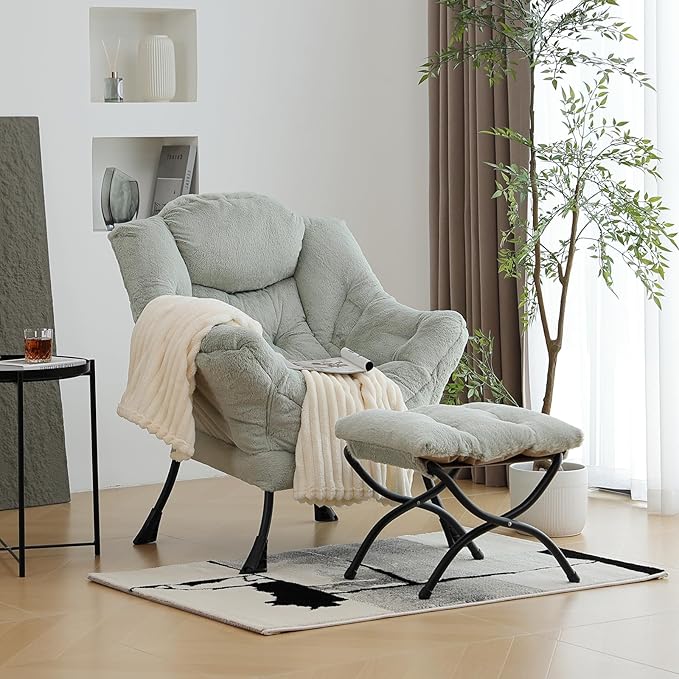 Lazy Chair with Ottoman, Modern Chair with Folding Footrest, Lounge Accent Chair, Comfortable Reading Chair (Plush Green)