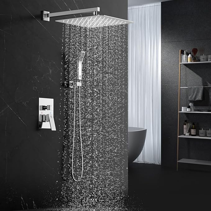 SR SUN RISE Polished Chrome Square Rainfall Shower Head and Handle Set, Wall Mounted Shower Fixtures, Metal Shower Faucet Trim Repair Kits (With Shower Valve) 16 Inches