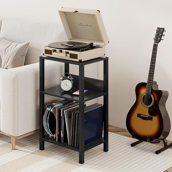 TUTOTAK Record Player Stand with Storage Up to 100 Albums,Record Storage Table,3 Tier End Table,Side Table for Living Room, Bedroom, Black TB01BK075