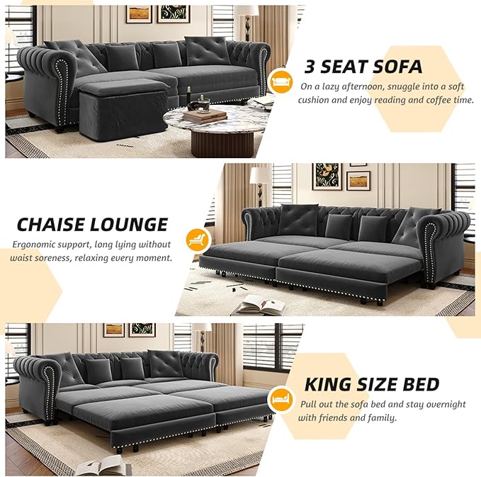KEIKI 89" W 3-in-1 Pull-Out Convertible Chesterfield Sofa Bed, King Size Velvet Tufted Couch with Movable Ottoman, Chaise Lounge, 3-Seater for Living Room, Bedroom, Office, Gray