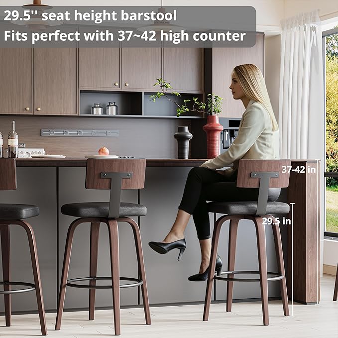 IRONCK Counter Height Bar Stools Set of 2, 29'' Faux Leather Upholstered Barstools with Back, Footrest, Wood Texture Bent Legs, Mid-Century Modern 360° Swivel Bar Stools for Kitchen Island, Black