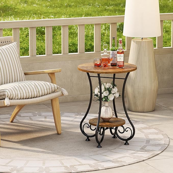 Side Table,Small Round End Table with Lower Shelf for Small Spaces, Portable Couch Sofa Coffee Table,Bedside Nightstand Table with Metal Frame,Retro Accent Drink Table for Living Room Bedroom Balcony