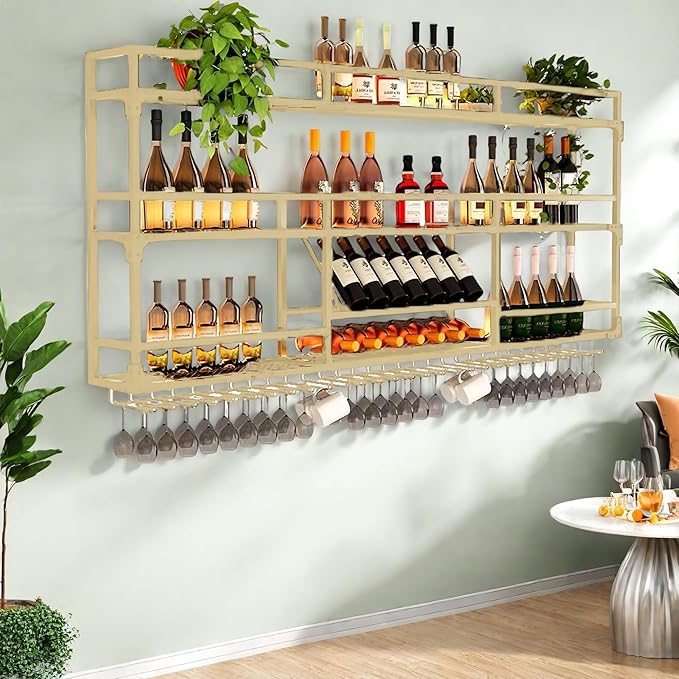 Metal Wall-Mounted Wine Rack with LED Light - 3 Tier Wine Storage Display Rack with Glass Holder - Space-Saving Bottle Display Shelf for Home Bars, Dining Rooms(Gold, 59in/150cm)