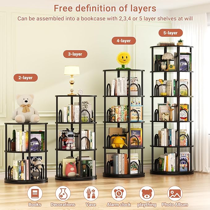 Aheaplus 5 Tier Rotating Bookshelf Tower, 360 Display Spinning Bookcase, Revolving Round Book Shelf Narrow Swivel Bookshelf, Vertical Turning Spiral Corner Book Organizer for Small Space, Black