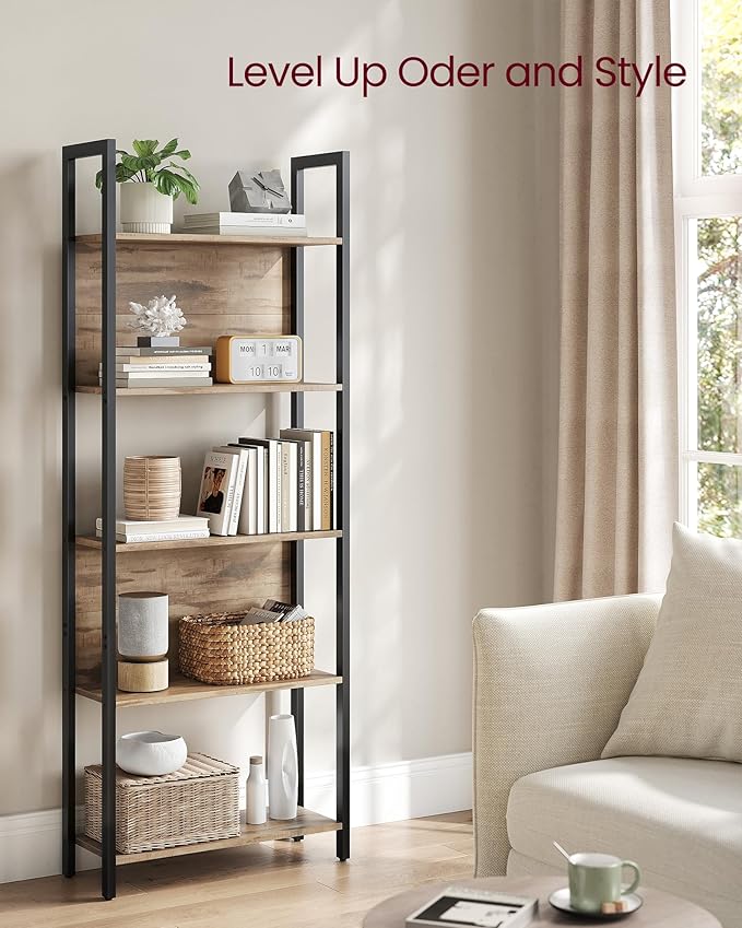 VASAGLE 5-Tier Bookshelf, Book Shelf, Industrial Bookcase, with Steel Frame, for Living Room, Home Office, Bedroom, 9.4 x 24.4 x 65 Inches, Camel Brown and Black ULLS025B50